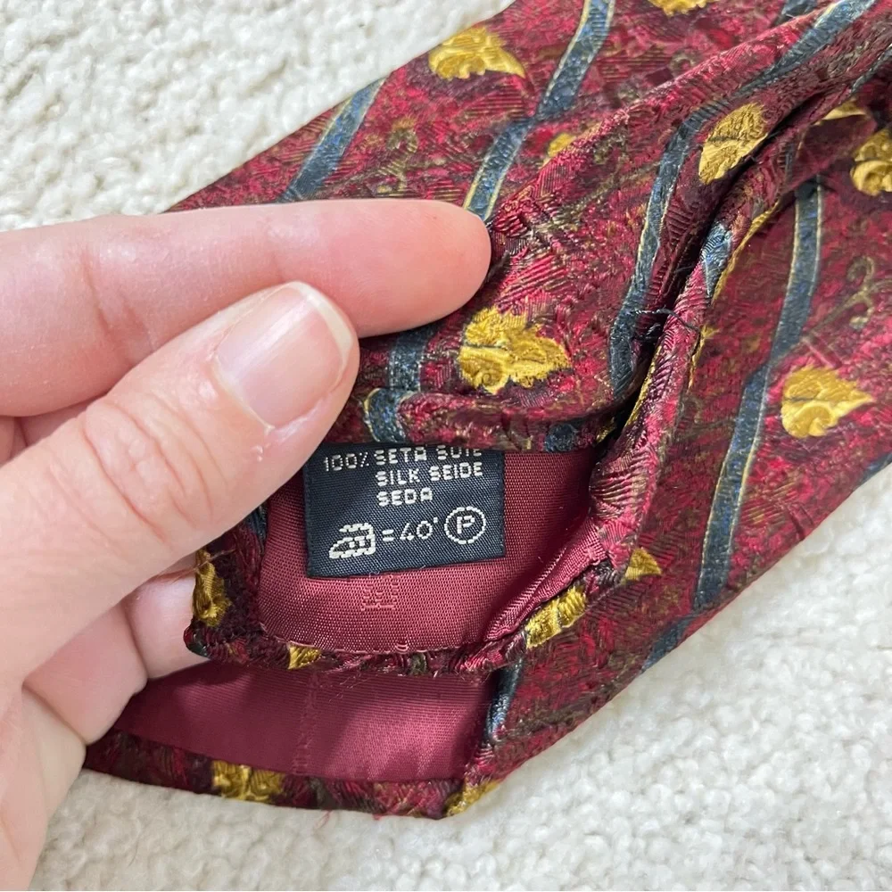 Ermenegildo‎ Zegna Mens Leaf Print Silk Tie Necktie Neck Burgundy Maroon Gold